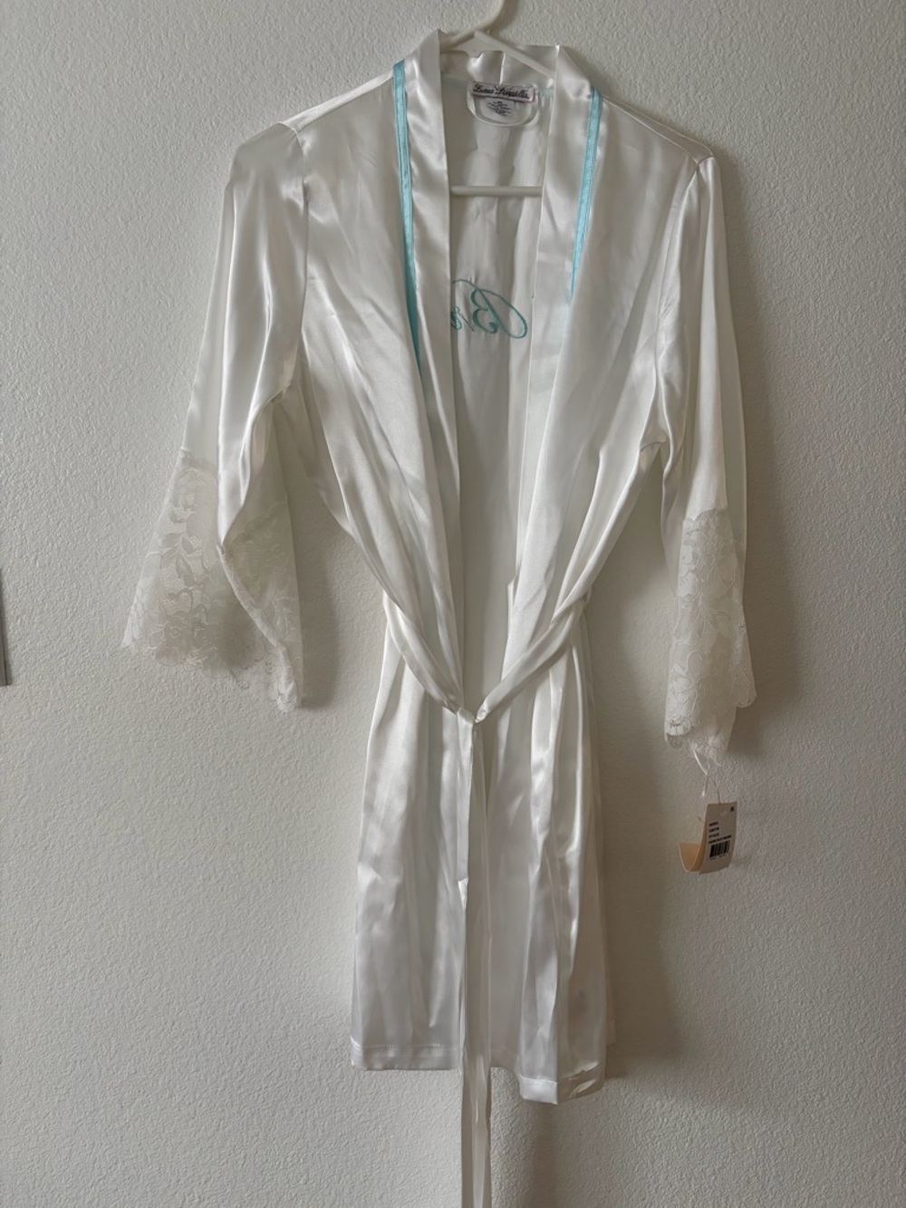 Source Unknown White Satin Bridal Robe with Light Blue Trim